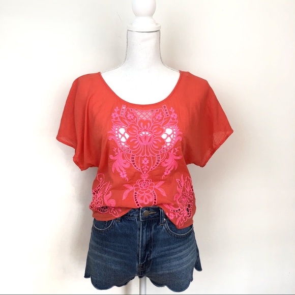 Jun & Ivy Red Pink Floral Embroidered Eyelet Shirt - Picture 2 of 7